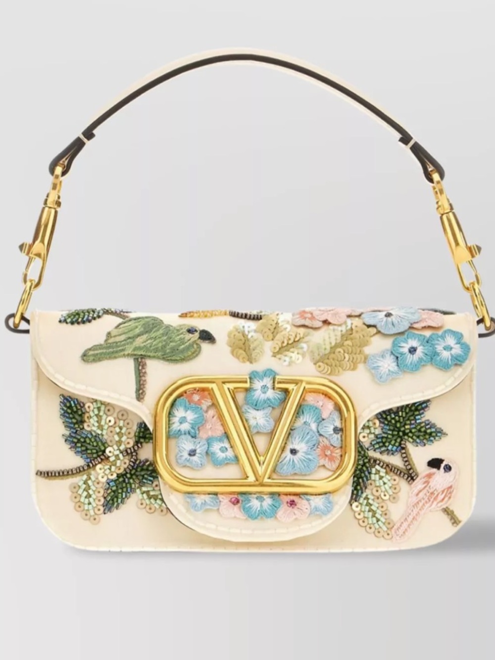 Valentino Garavani Cream Embroidered Floral V-Logo Shoulder Bag